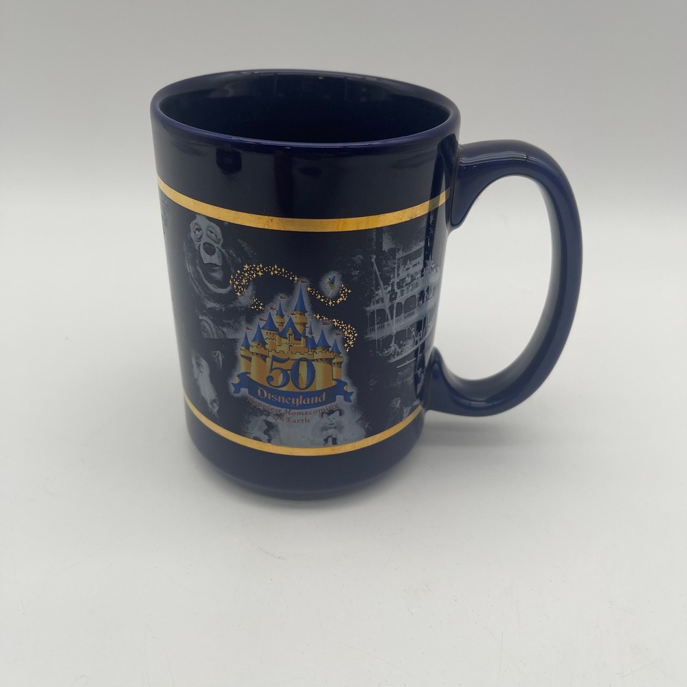Disneyland 50th Anniversary Walt Disney Cobalt Blue Gold Trim Coffee Mug 2005